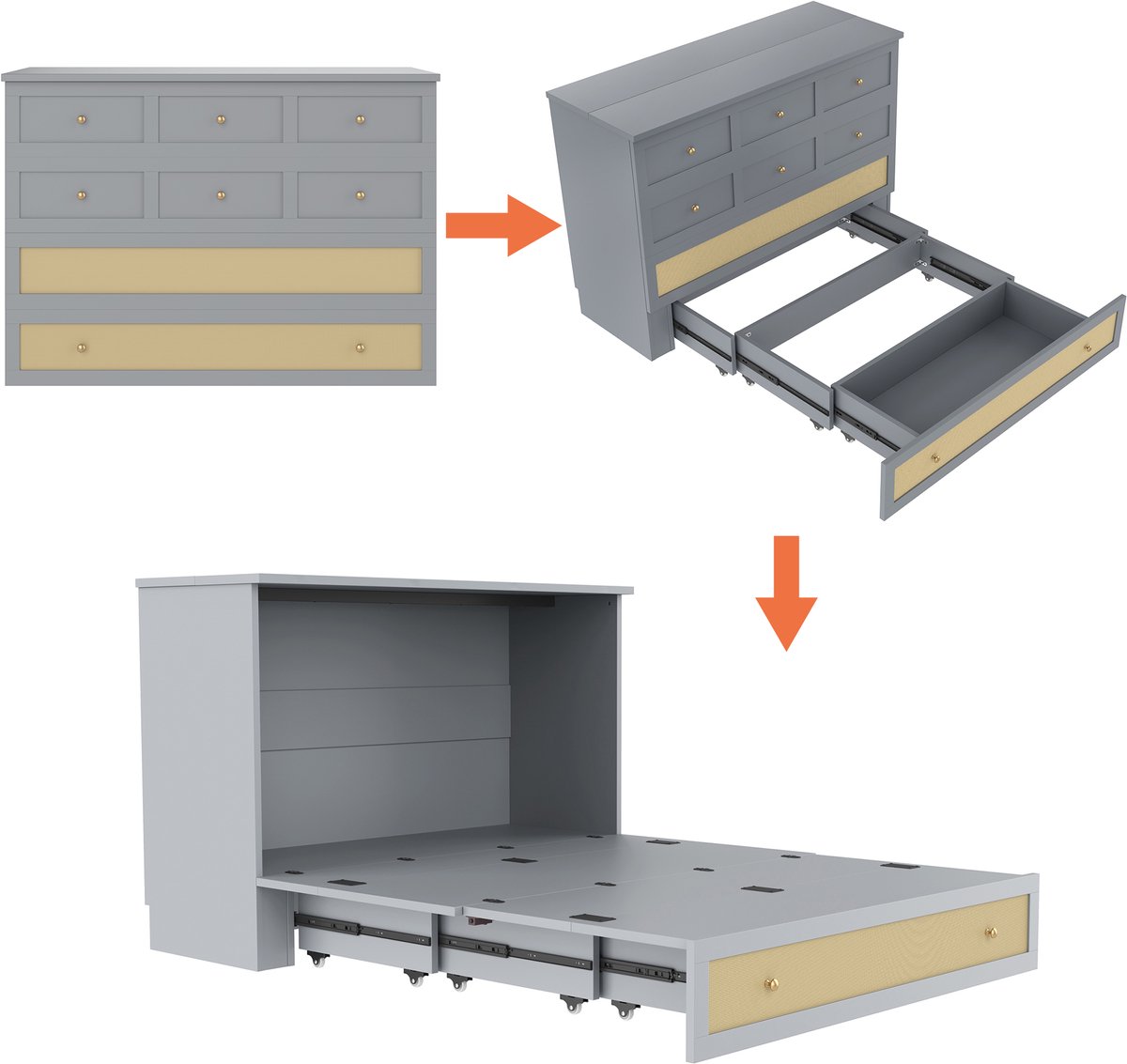 Merax Opklapbed - 140 x 200 cm - uitneembaar - met lades - planken - met USB en stopcontacten - omvormbaar platformbed - zonder matras - grijs