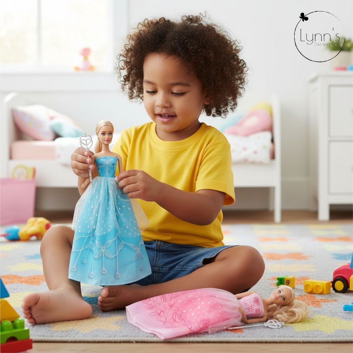 Lynn’s poppenkleertjes - Set ‘Callie’ - Geschikt voor (curvy) modepop - Set van 2 prinsessenjurken & 2 staffen - Wijde, luxe jurken - Cadeauzakje — afbeelding 4