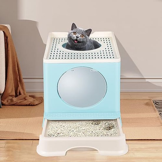Kattenbak, UV-desinfectie, opvouwbare kattenbak met deksel, koepelstructuur, gesloten kattenbak, kattentoilet met schep (rechthoekig, zwart