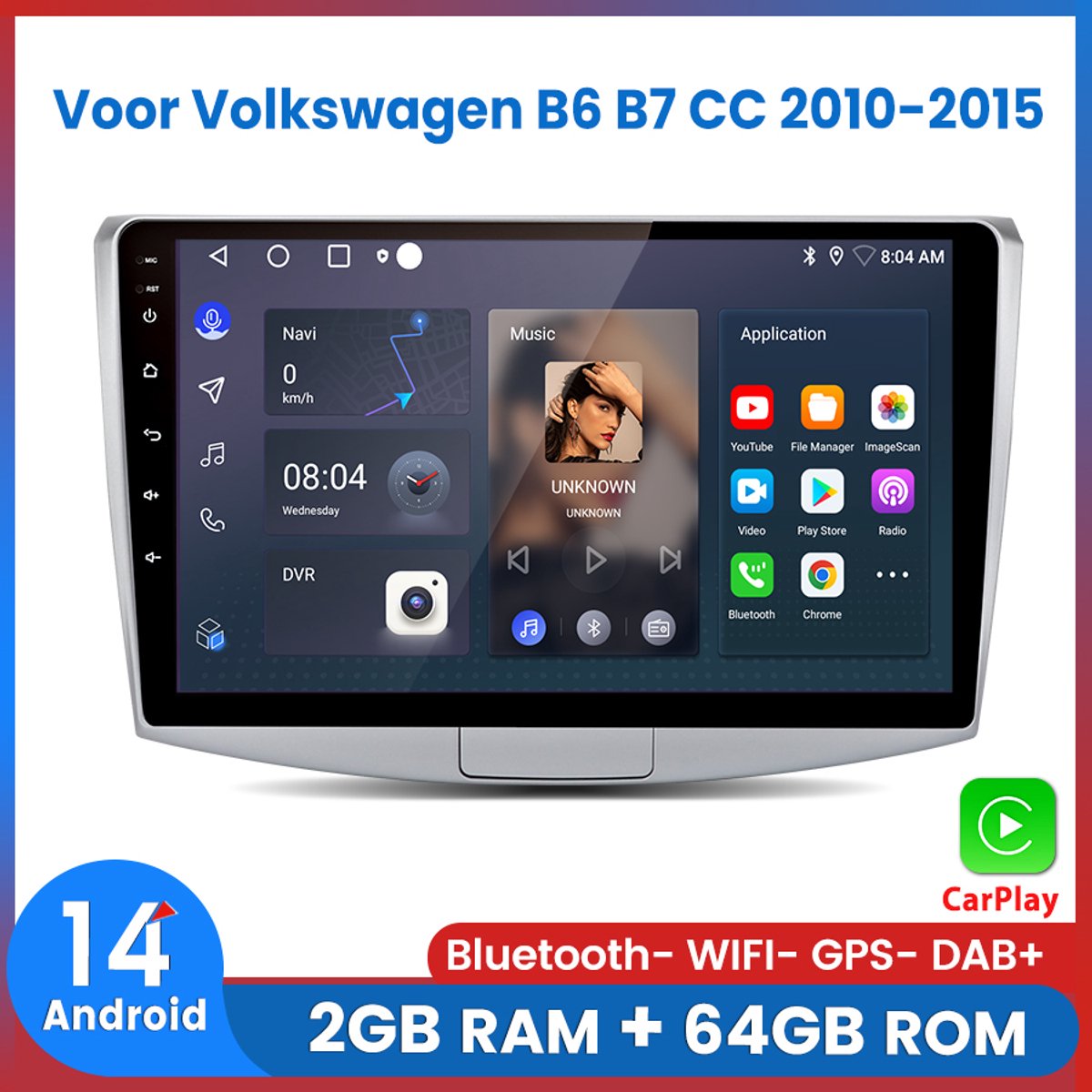 Awesafe Geschikt Voor Volkswagen B6 B7 CC (2010 t/m 2015）- 2+64GB 4Core - 10.1 inch Android 14.0 CarPlay Autoradio - Draadloos CarPlay & Android Auto - Bluetooth & WiFi - GPS Navigatie
