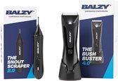 Zwarte Balzy Snout Scraper 2.0 neustrimmer en Bush Buster 4.0 trimmer met opladers, naast hun verpakkingen.