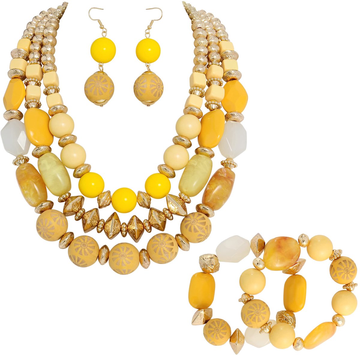 3 Layer Chunky Statement Beaded Necklace Set with Earrings Fashion Multi Layer Women Collar Necklace, standard, No Gemstone