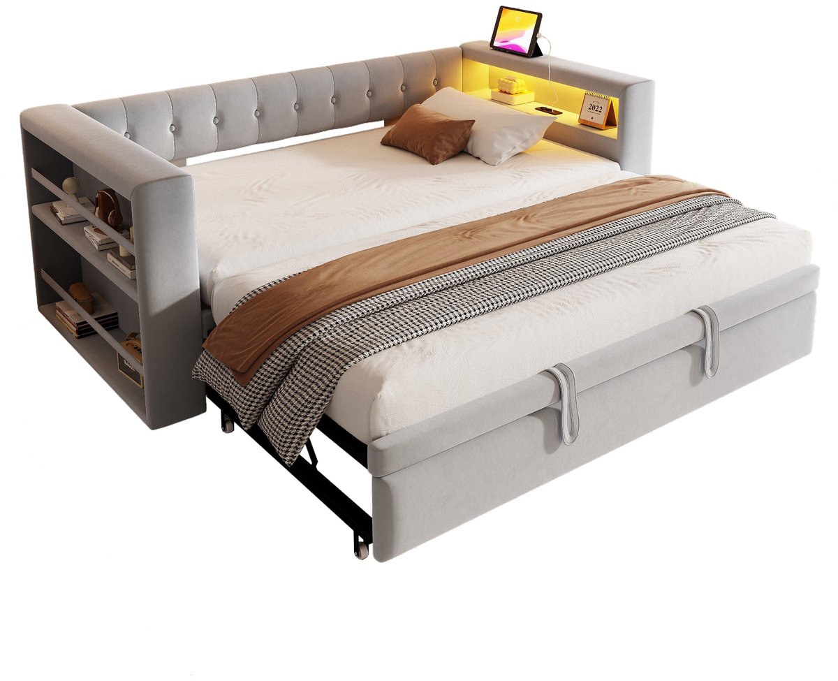 Merax Gestoffeerd Bed 90-180x190 cm met LED Verlichting Steckdosen en Veel Opbergruimte - Multifunctioneel Slaapbank - Enkelbed - Lichtgrijs
