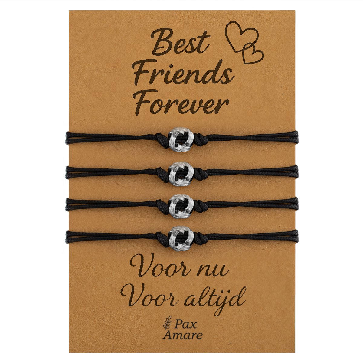 Vriendschapsarmbandjes voor 4 "Best Friends Forever" - Knoopjes - BFF Armbandjes met Persoonlijk Cadeau Kaartje - Zilverkleurig - Elastisch Verstelbaar - Pax Amare