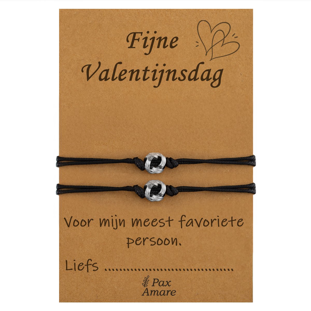 Koppel Armbandjes voor 2 "Fijne Valentijnsdag" - Knoopjes - Vriendschapsarmbandjes met Persoonlijk Cadeau Kaartje - Zilverkleurig - Elastisch Verstelbaar - Pax Amare