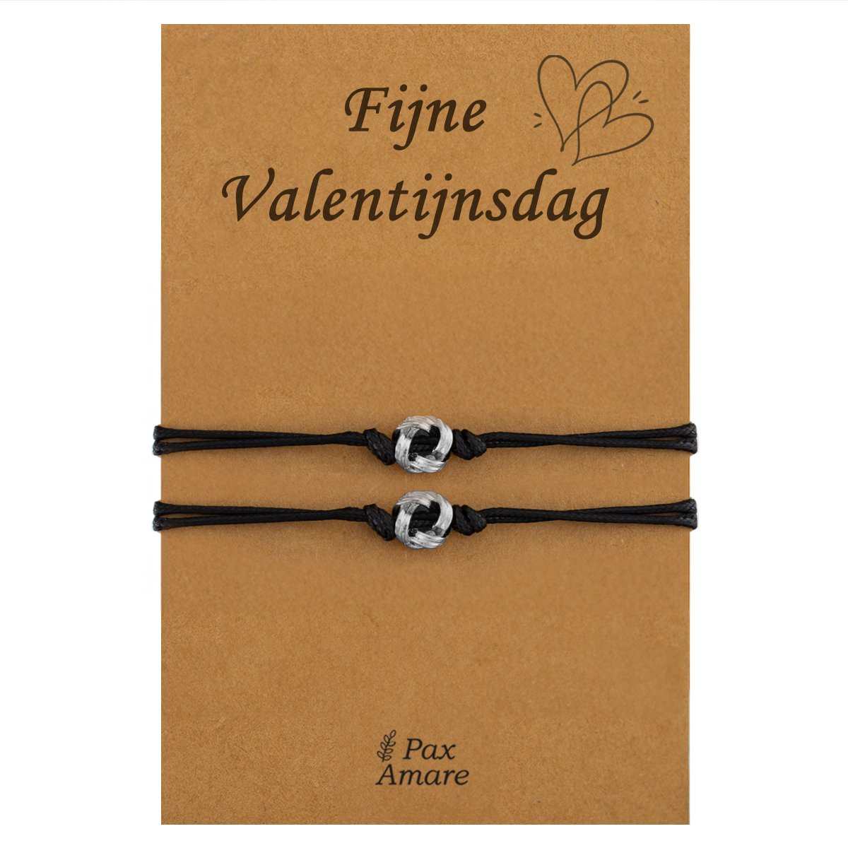 Koppel Armbandjes voor 2 "Fijne Valentijnsdag" - Knoopjes - Vriendschapsarmbandjes met Persoonlijk Cadeau Kaartje - Zilverkleurig - Elastisch Verstelbaar - Pax Amare