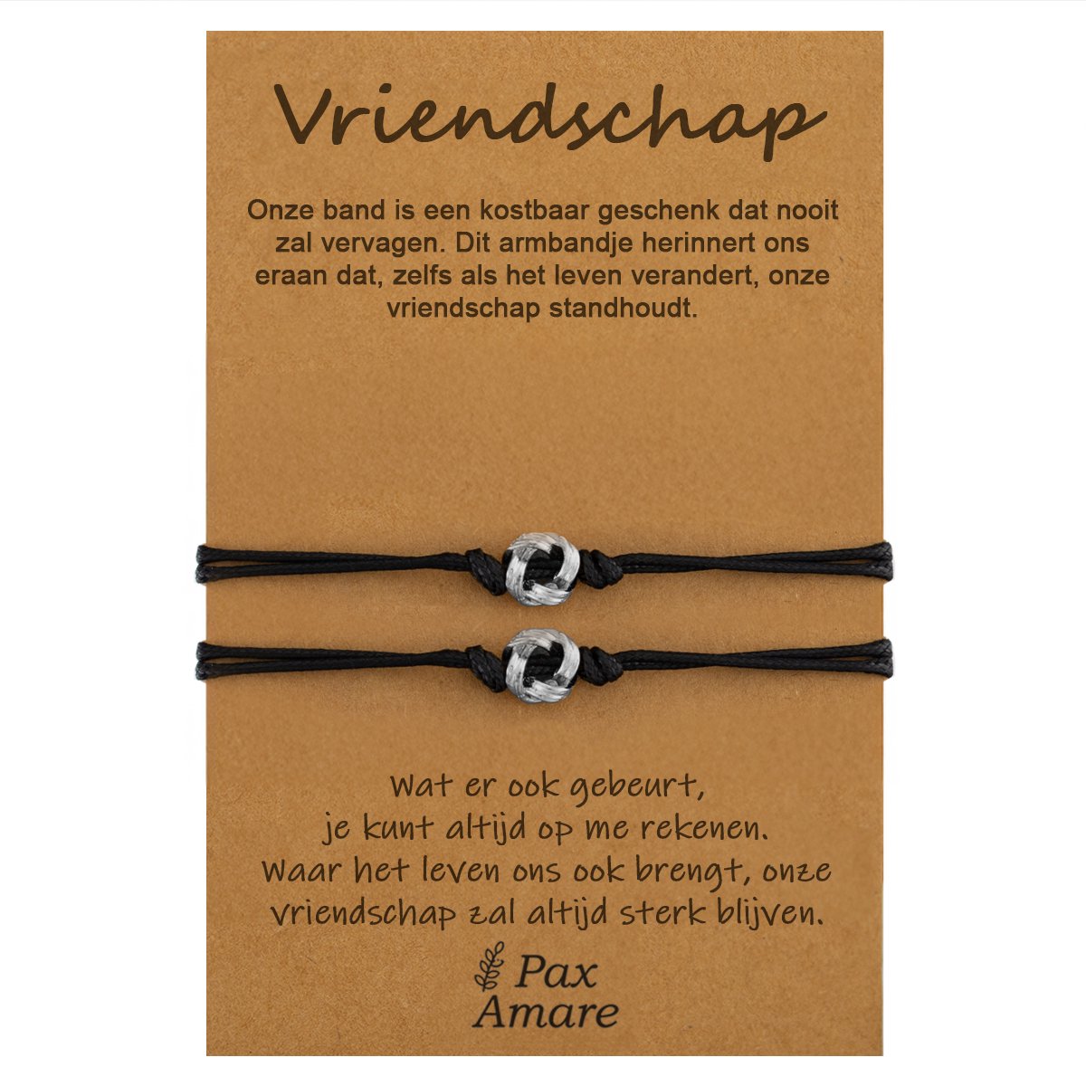 Vriendschapsarmbandjes voor 2 "Vriendschap" - Knoopjes - BFF Armbandjes met Cadeau Kaartje - Zilverkleurig - Elastisch Verstelbaar - Pax Amare