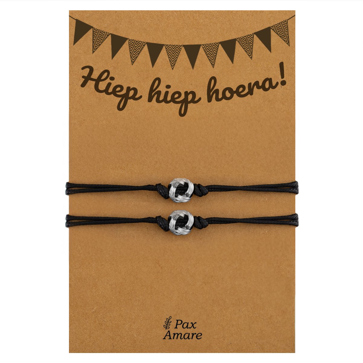 Vriendschapsarmbandjes voor 2 "Hiep Hiep Hoera" - Knoopjes - BFF Armbandjes met Verjaardags Cadeau Kaartje - Zilverkleurig - Elastisch Verstelbaar - Pax Amare
