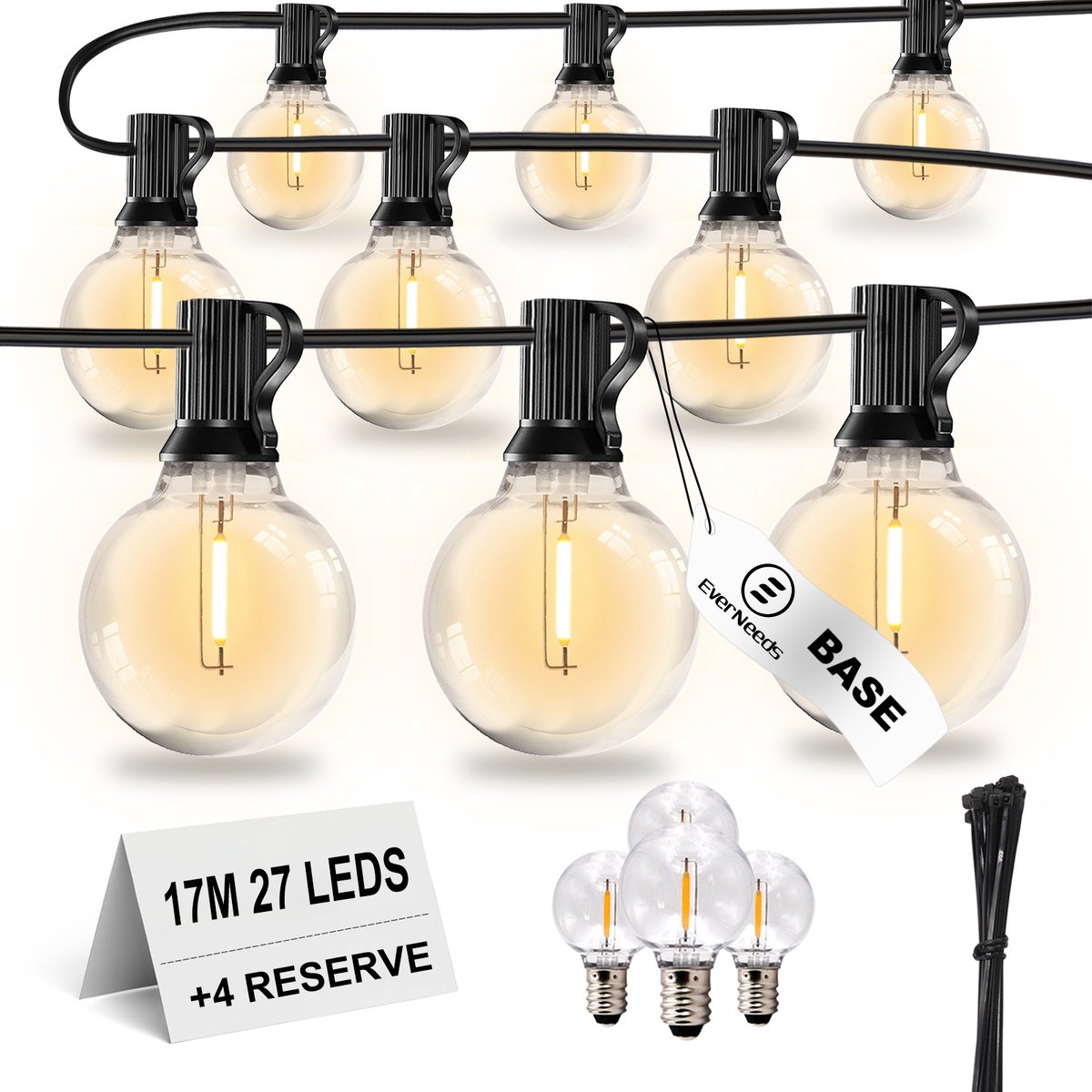 EverNeeds G40 BASE Lichtsnoer Buiten – Prikkabel 17m – 27 LED – IP44 – Lichtslinger – Sfeerverlichting Buiten en Binnen – Warm Wit 2700K – 4 Extra LED’s