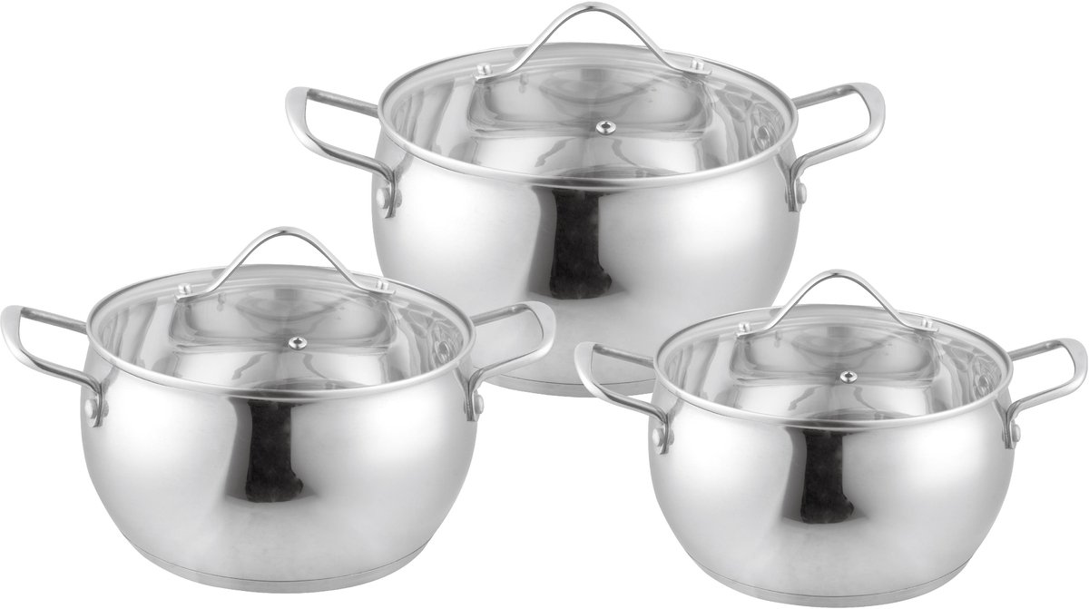 Bavary Apple Pannenset ® - 6 Delig - RVS - Met glazen deksels - Alle warmtebronnen - Inductie - Vaatwasserbestendig – Ø 18 , 20 , 24 cm