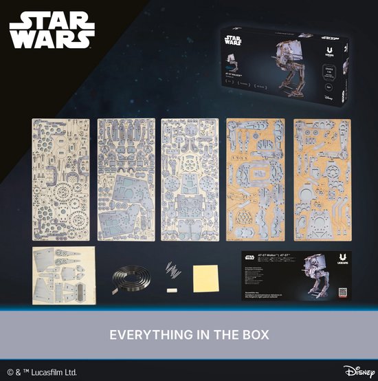 Inhoud van de Star Wars AT-ST Walker bouwkit, inclusief alle onderdelen en instructies.