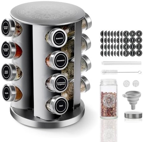 Rotatable Stainless Steel Spice Rack with 16 Jars and Labels | bol
