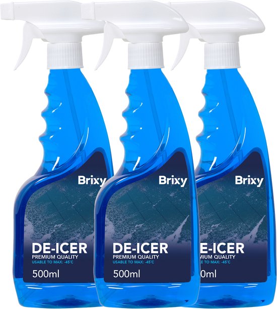 Drie Brixy De-Icer 500ml sprayflessen op een witte achtergrond.