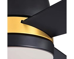 Moderne plafondventilator met afstandsbediening en opaalmelkglas lampenkap, matzwart met gouden accenten