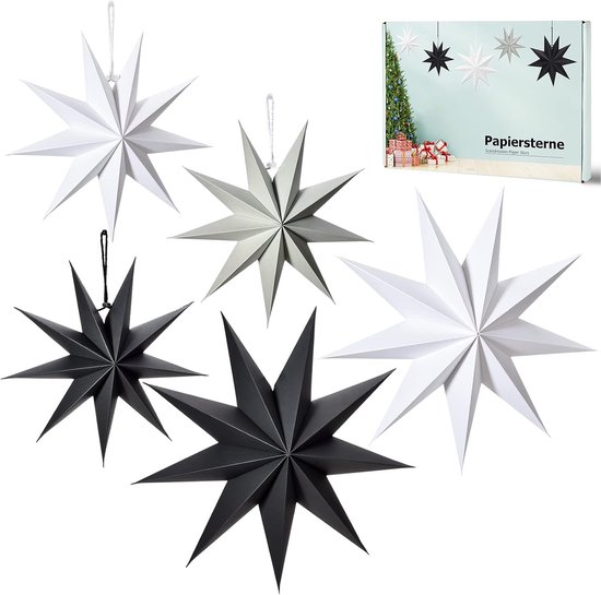 5 stuks Scandinavische papieren sterren voor kerstdecoratie, 9 puntige kerststerren, 30 cm x 3 + 45 cm x 2, om op te hangen, kerstdecoratie, raamdecoratie (zwart, wit, grijs)