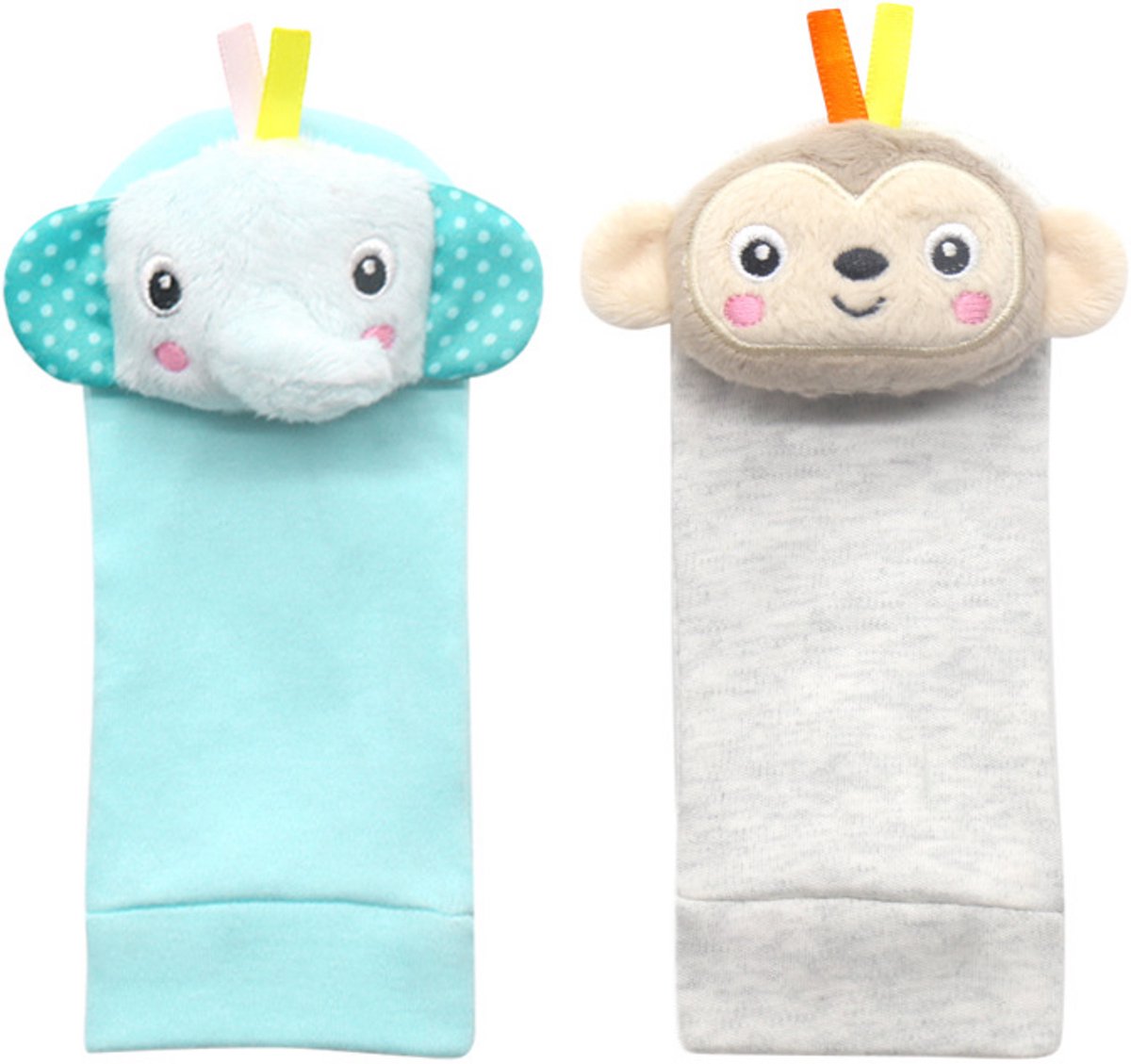 Baby Rammelaar Set - Sokjes en Rammelaar Armbanden - 4-delig rammelaar set - sokken - voor de allerkleinste - pols- en Voetrammelaar set - 0 t/m 24 maanden - Olifant & Aap — afbeelding 2