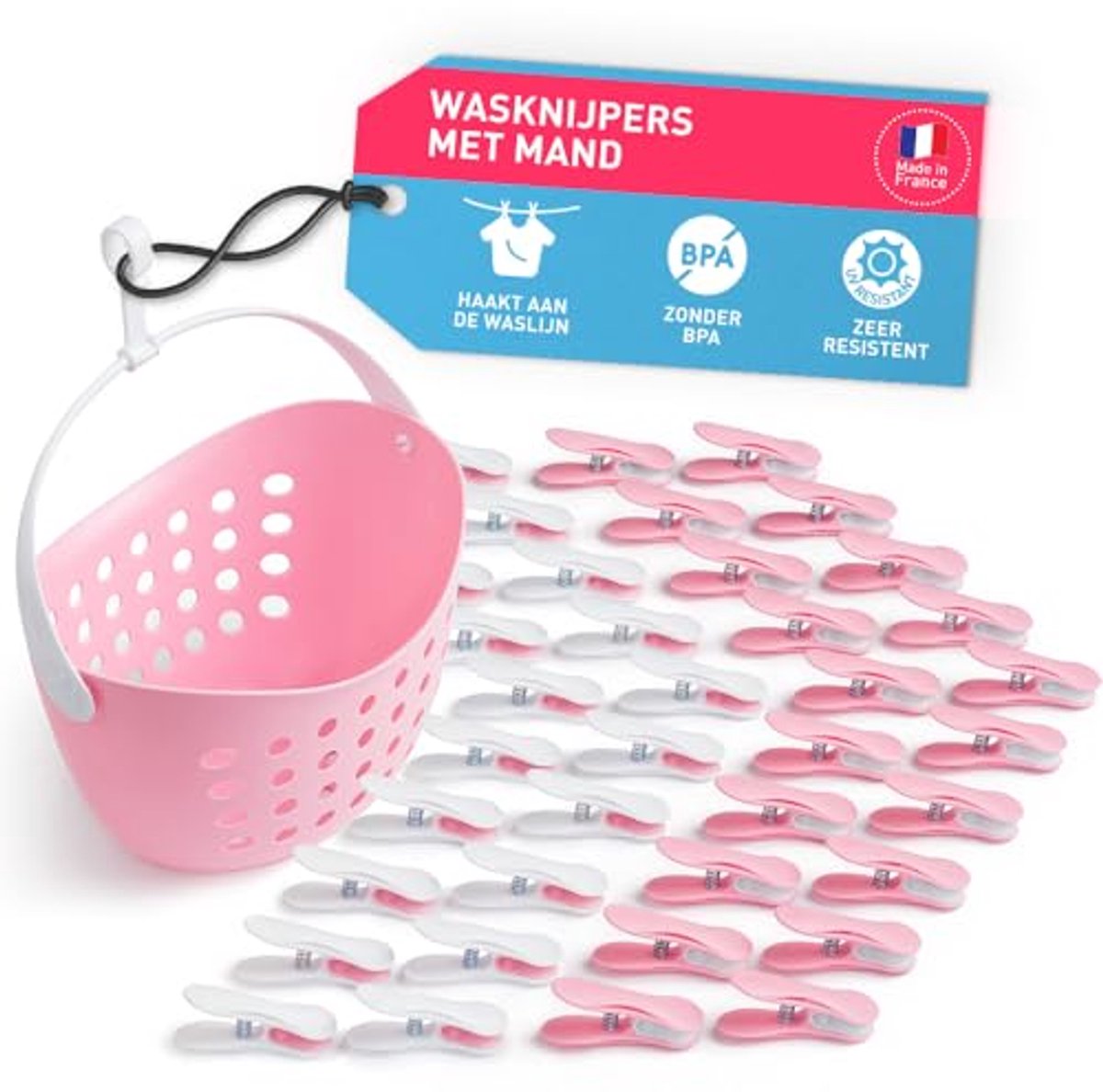 Zachte Wasknijpers met Mandje - 40 Stuks Roze-Wit