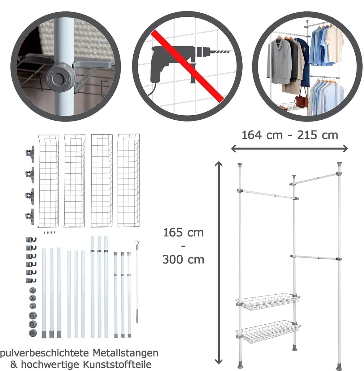 Individueel opbergsysteem - Kledingrek - 1 stuk - Wit - Metaal en kunststof