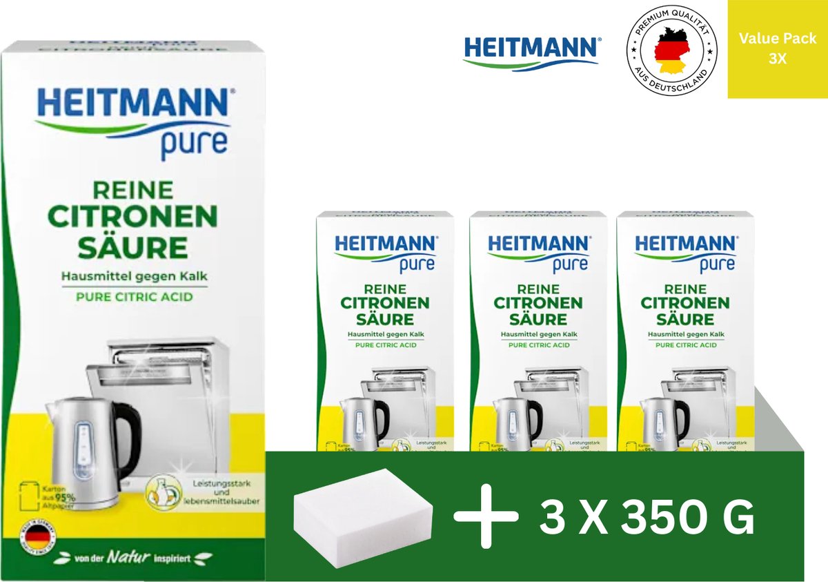HEITMANN Citroenzuur Poeder – Voordeelverpakking 3 x 350g – Voor Reiniging en Ontkalking