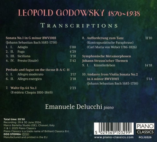 Achterkant cd-hoes met 'LEOPOLD GODOWSKY 1870-1938 TRANSCRIPTIONS Emanuele Delucchi piano'. Tracklist, totale speelduur, opnamegegevens en logo's.