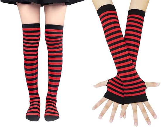 Polswarmers - Sokken En Handschoenen Set - Handschoenen Zonder Vingers - Streep - Gebreide Dames - Polswarmers - Polswarmers - Lange Gebreide - PGeschikt Voor Halloween-Kostuums, Leuke Feestjes, Cosplay-Optredens En Shows - Rood