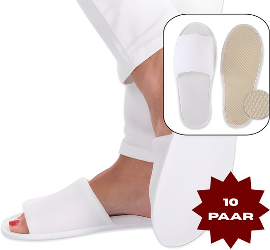Witte open teenslippers met een zool en een detail van de zool. "10 PAAR" is zichtbaar.