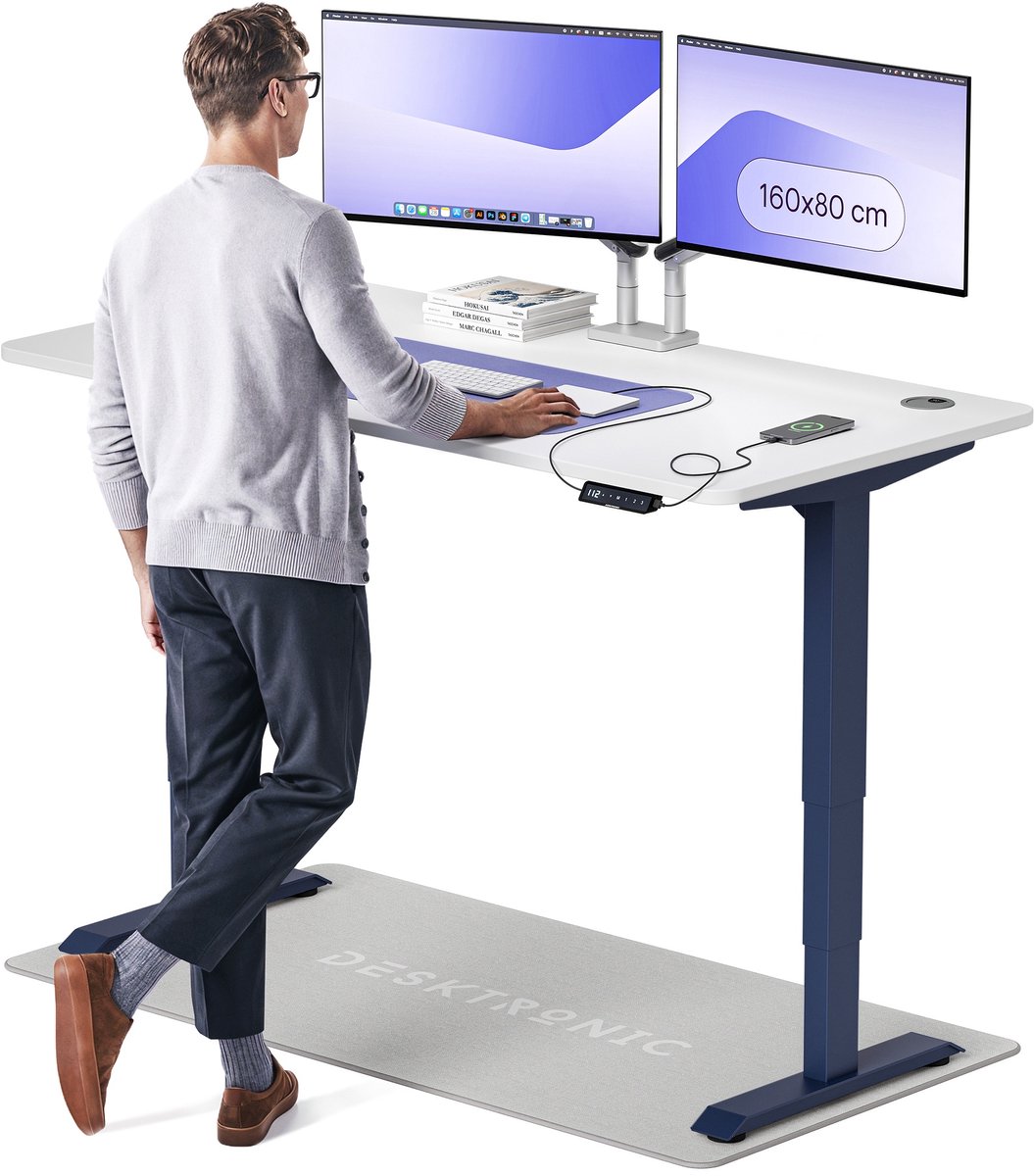 Desktronic HomePro Zit-sta Bureau Elektrisch In Hoogte Verstelbaar, 160x80 cm Blauw/Wit, Stille Dubbele Motor, Hoogte 62-126cm