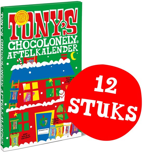 Tony's Chocolonely Mega Adventskalender 2025 - Sint en Kerst- Chocolade cadeau - 10 smaken - Fairtrade - 12 stuks