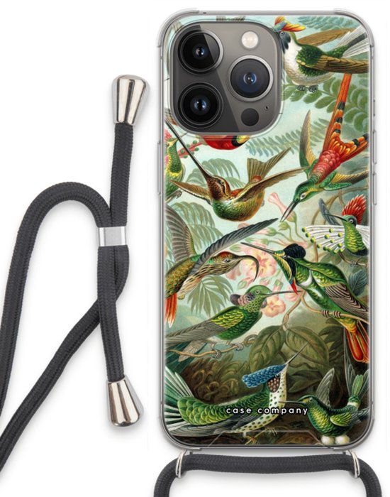 Transparante telefoonhoes met opdruk van veel kolibries in verschillende kleuren, hangend aan een zwart koord.