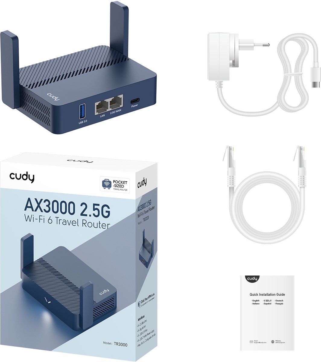 Cudy TR3000 AX3000 Mini VPN Router – Wi-Fi 6 Dual-Band 2402+574 Mbps – 2.5GbE + 1GbE – USB-C Power – Cudy Mesh – foto 3