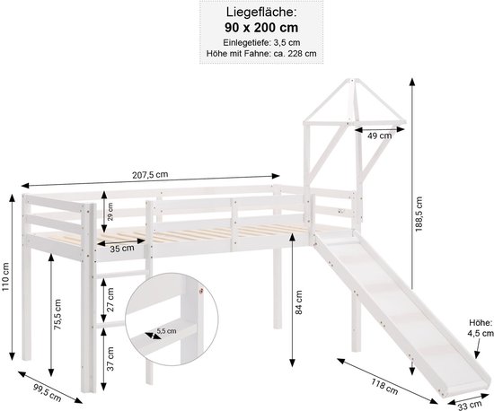 Lit mezzanine Homestyle4u - 90x200 cm - pêche - avec toboggan