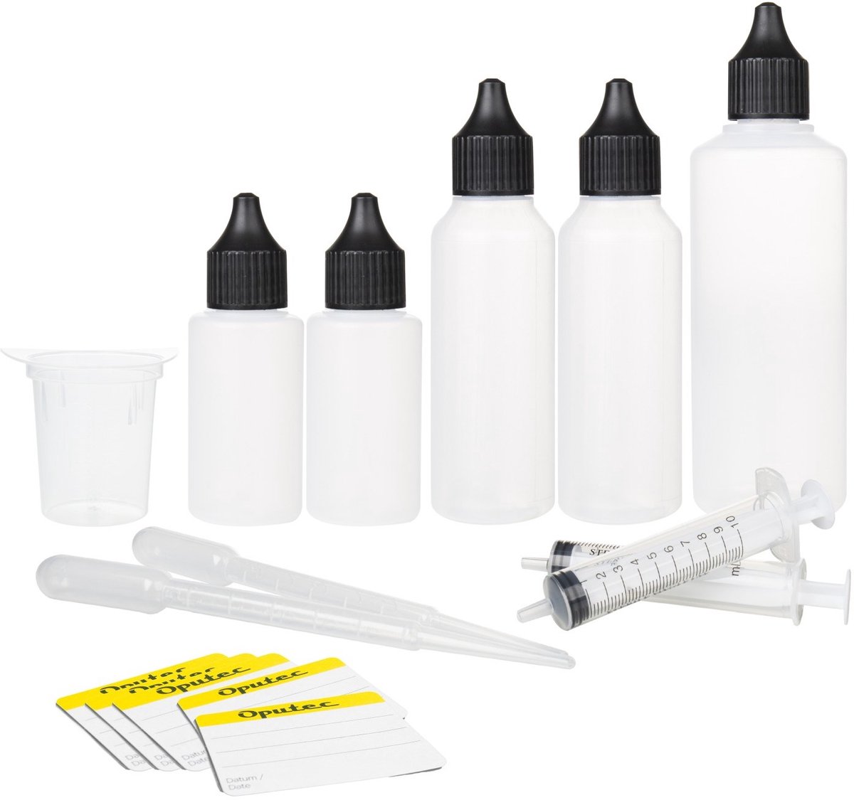 Oputec 20-delige mengset – flesjes, maatbeker, spuiten & pipetten – inclusief etiketten – Made in Germany