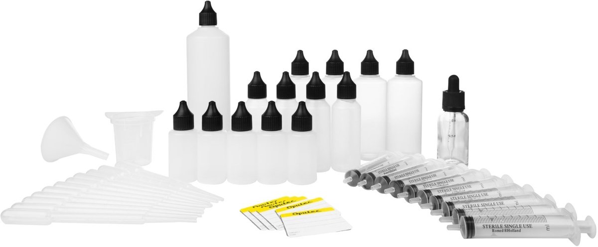 Oputec 53-delige XXL mengset – flesjes, apothekersfles, maatbeker, spuiten & pipetten – inclusief etiketten – Made in Germany