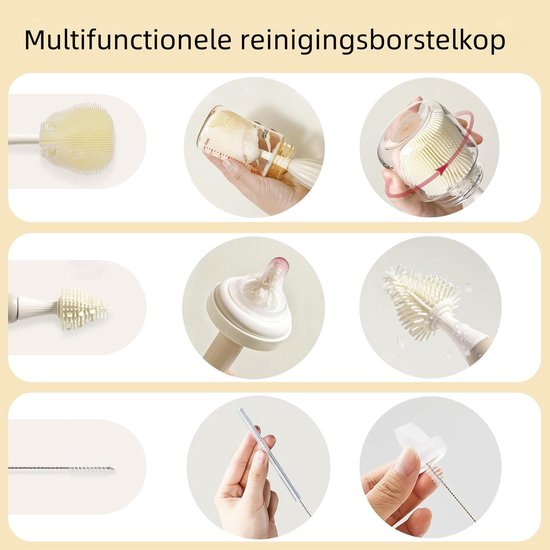 1 stuk - Reinigingsborstel - Uitdrukbare flessenborstel - Multifunctionele knijpborstel - Siliconen reinigingsborstelset voor fopspenen - Beige — afbeelding 2