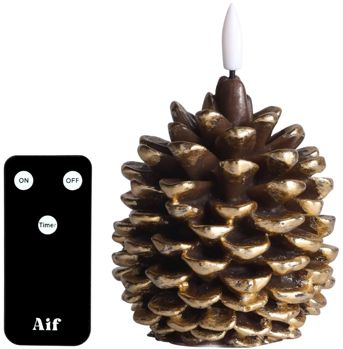 LED Kaars Dennenappel Bruin Goud - Met Afstandsbediening en Timer - Ø8 x 10 cm - Aifcandles