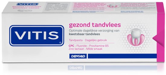 Doosje Vitis tandpasta 'Gezond Tandvlees', met tekst en een roze vouw met een tand-icoon.