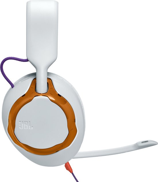 Witte gaming headset met oranje accenten rond de oorschelpen en een paars gevlochten snoer, op zwarte achtergrond.