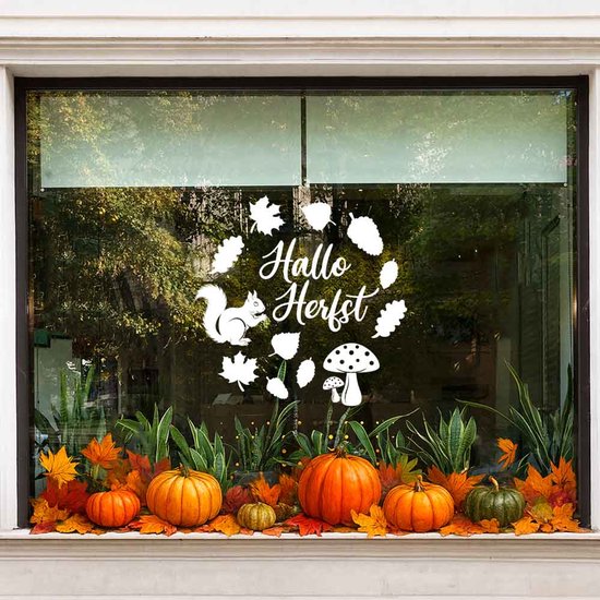 Autocollant de fenêtre avec texte 'Hallo Herfst', écureuil, feuilles, champignons, placé décorativement sur une vitrine au-dessus de citrouilles et de feuilles d'automne.