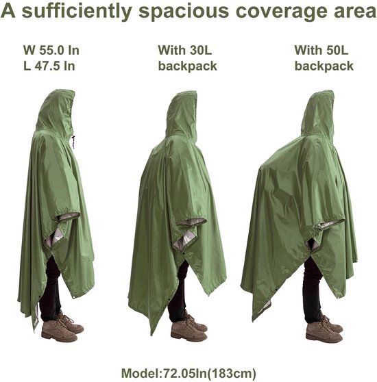 Man van 183 cm draagt groene regenponcho, ook met een 30L en 50L rugzak.