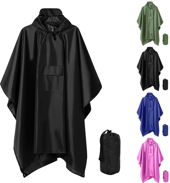 TTLUOKER®Poncho met Opbergtas - Regenponcho Waterdicht - Fietsponcho Sneldrogend - Winddicht - Unisex - Dames & Heren - One size - Unisex Zwart