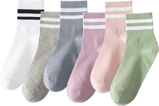 Sokken - 6 Paar sokken - Voordeelbundel dames sokken Maat 36/40 - Sokken Dames - mode gestreepte atletische sokken - kousen - Dames Sokken Effen Kleur - Lange sokken - herfst Sokken - zacht, absorberend, ademend - alle seizoen sokken voor vrouwen