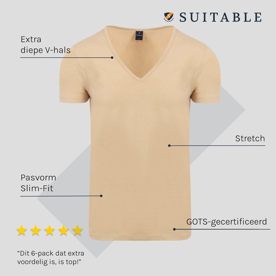 Beige V-hals T-shirt met informatie over diepe V-hals, slim-fit, stretch en GOTS-certificering.