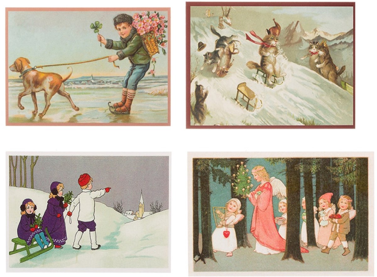 Nostalgische kerstkaarten - 4 stuks - Franz_Josef - Klassieke Vintage afbeeldingen - Winter - Sneeuw - Feestelijk - Jaarwisseling - Oude Brocante kerstkaarten 15X10,5 en 14X9