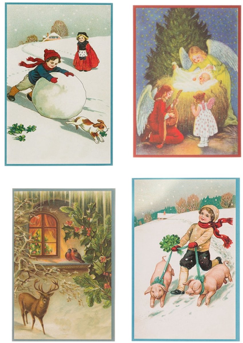 Nostalgische kerstkaarten - 4 stuks - Franz_Josef - Klassieke Vintage afbeeldingen - Winter - Sneeuw - Feestelijk - Jaarwisseling - Oude Brocante kerstkaarten 15X10,5 en 14X9