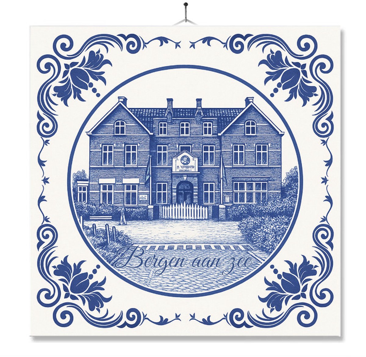 Tegel Met Opdruk | Bergen Aan Zee | Delft Blauw | Cadeau | Inclusief Geschenkdoos | Standaard | Ophangsysteem