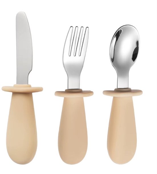 Couverts Bébé beiges - Acier inoxydable - Couverts Kinder - Fourchette, cuillère et couteau - Manche en Siliconen - Sans BPA - Convient aux bébés et aux tout-petits - Compatible lave-vaisselle
