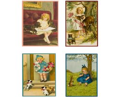 Nostalgische kaarten - 4 stuks - Klassieke Vintage afbeeldingen - nostalgische ansichtkaarten - prentbriefkaart - dieren - kinderen - Feestelijk - verjaardag -Oude Brocante briefkaarten