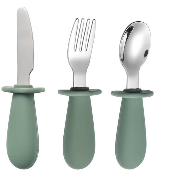 Couverts Bébé vert - Acier inoxydable - Couverts Kinder - Fourchette, cuillère et couteau - Manche en Siliconen - Sans BPA - Convient aux bébés et aux tout-petits - Passe au lave-vaisselle