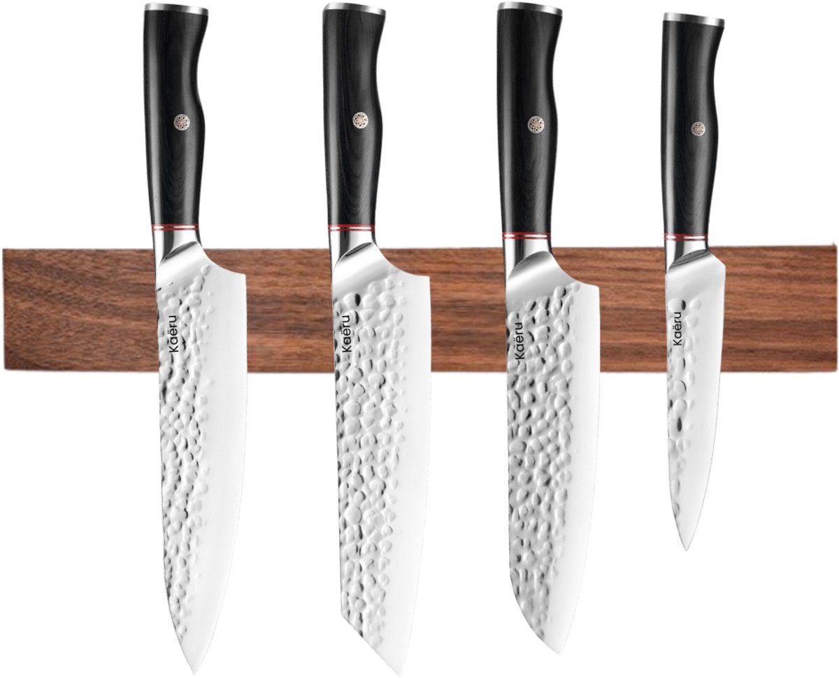 Kaëru® Japanse Messenset 4-delig + Houten Messenblok – Acaciahout – Hamerslagafwerking – Roestvrij staal – Duurzaam & Stijlvol – Complete Keukenmessenset – Zwart