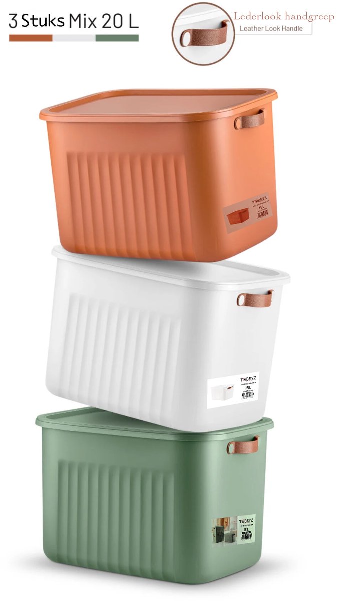 Tobeyz - Opbergbox - Opbergdoos - Opbergmand - 20L BPA-vrije Kunststof Opbergbox met Deksel - Nestelbaar en Stapelbaar - Ideaal voor Badkamer, Keuken en Speelgoedopslag - Mix Groen, Wit, Baksteenrood